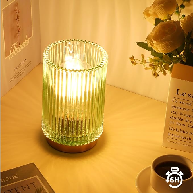 Battery Operated Lamp, Cordless Table Lamp with Timer, Desk Bedside Lamps with LED Warm Light, Glass Small Table Lamp for Bedroom, Bathroom, Living Room, Home Decor - Green
