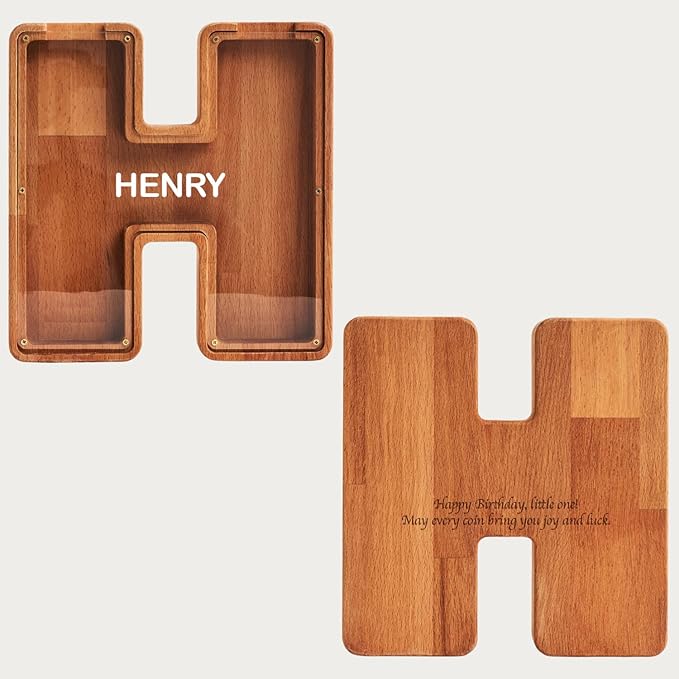Personalized Wooden Piggy Bank – Custom Letter H Coin Bank in Beech Wood with Clear Acrylic Front, Engraved Name Option, Money Saving Box for Kids and Adults