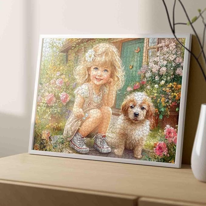 Tucocoo Charming Girl and Puppy 1000 Piece Jigsaw Puzzle for Adults, Flower Garden Cottagecore Art Puzzle, Colorful Floral Dog Scene, Relaxing and Fun Gift for Puzzle Enthusiasts, Home Wall Decor