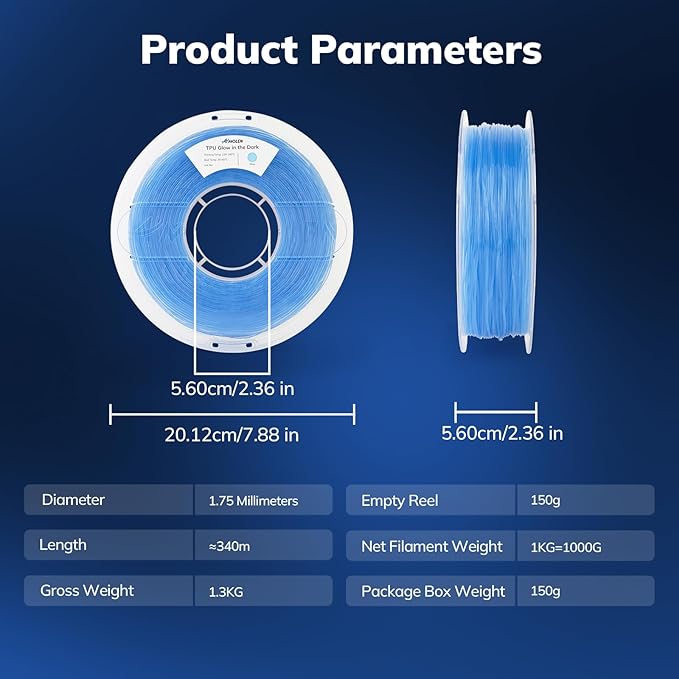 AMOLEN 95A TPU 3D Printer Filament, 1.75mm Glow in The Dark Blue, Soft TPU Flexible 3D Printing Filament, Best with UV Lamps, 1kg Spool, Dimensional Accuracy +/- 0.02 mm, Fit Most 3D Printers