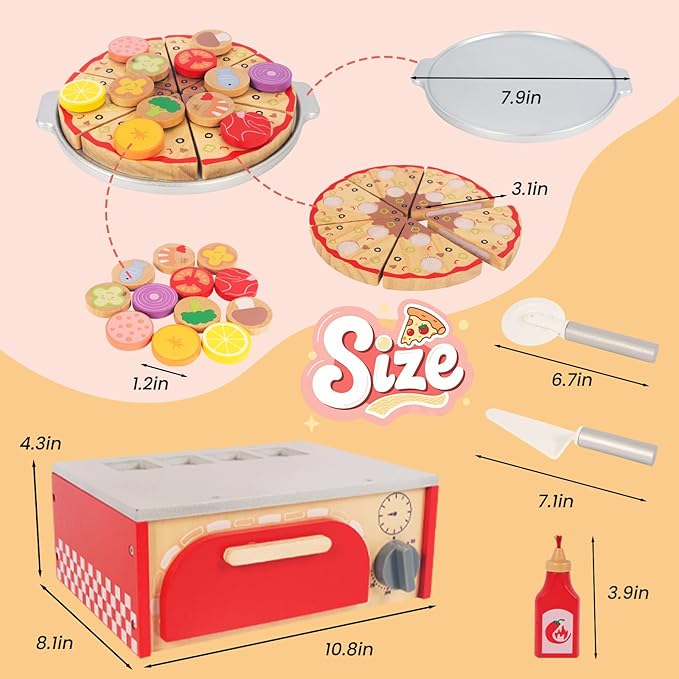 Wooden Pizza Toy for Kids, Pretend Play Food for Ages 3+, Educational Learning Toy Wooden Playset with Bake Oven, Christmas Birthday Gift for Boys Girls