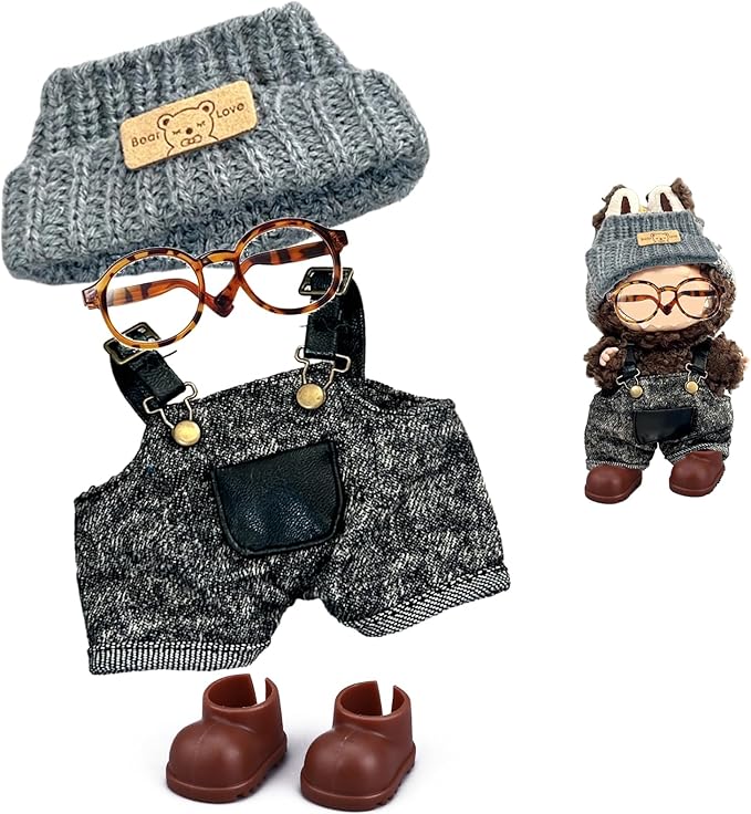 Clothes Set for Labubu 17cm Doll(NO Doll) , Handcrafted Crochet Set Hat & Jumpsuit, Stylish Premium for Labubu Outfit with Accessories, Cute for Dress up Unique Style
