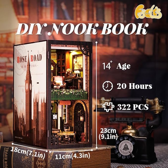 Fsolis Book Nook Kit, DIY Miniature Room House Kit 3D Wooden Puzzle for Adult Decorative Bookend Bookshelf Bookcase Nook Decor Gifts for Women Teens and Book Lovers(Rose Detective Agency)
