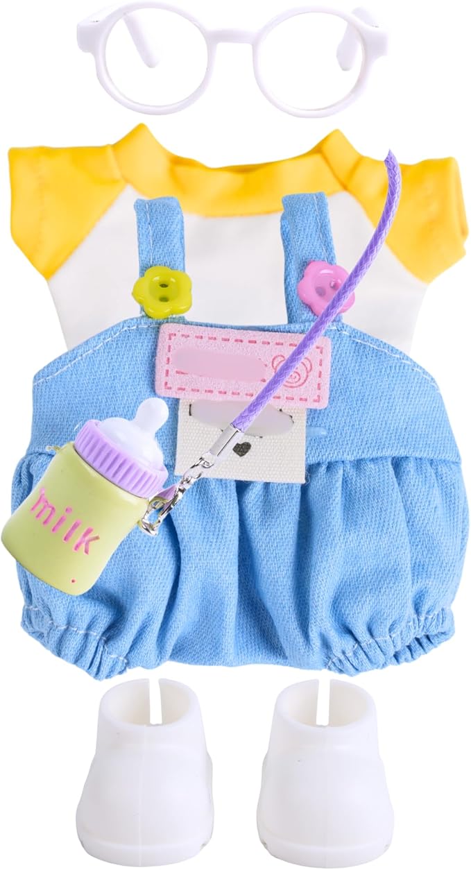 17 cm Doll Clothes for 5.9-6.69 inches (15-17 cm) Dolls, Dress up Style Unique 5-Piece Adorable Set, Including T-Shirt, Onesie, Shoes, Bottle, Glasses (Doll not Included) (Denim Blue)