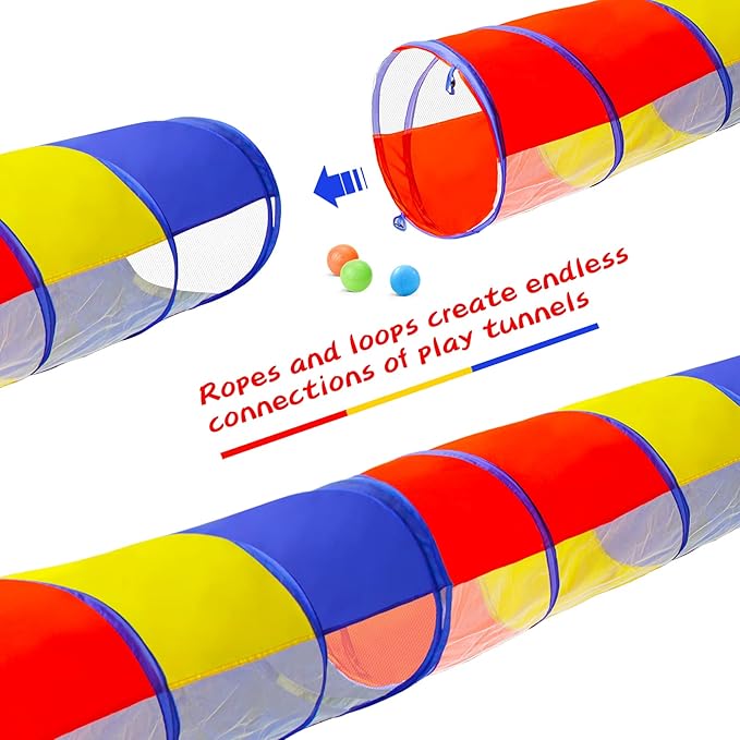 PigPigPen Kids Tunnel for Toddlers,Pop Up Play Tunnel Tent for Babies or Dogs, Indoor & Outdoor Toys for Kids Backyard Playset. (Red,Yellow,Blue Play Tent with mesh)