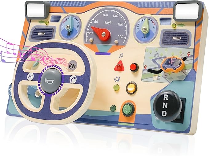 Montessori Toddler Toys Busy Board with Led Light Interactive Wooden Dashboard Steering Wheel for 1 2 3 4 Year Old Sensory Toys Toddler Activities for Boys Girls Gift