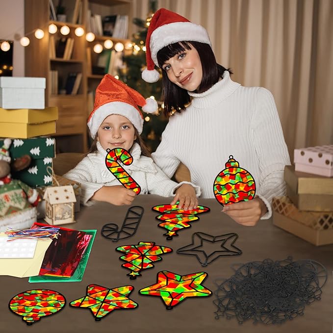 QOUBAI 32 Sets Christmas Theme Suncatchers Craft Kit DIY Window Stained Glass Effect Christmas Theme Paper Crafts Home School Classroom Decoration Kid Birthday Gift Creative Art Project Activity Game