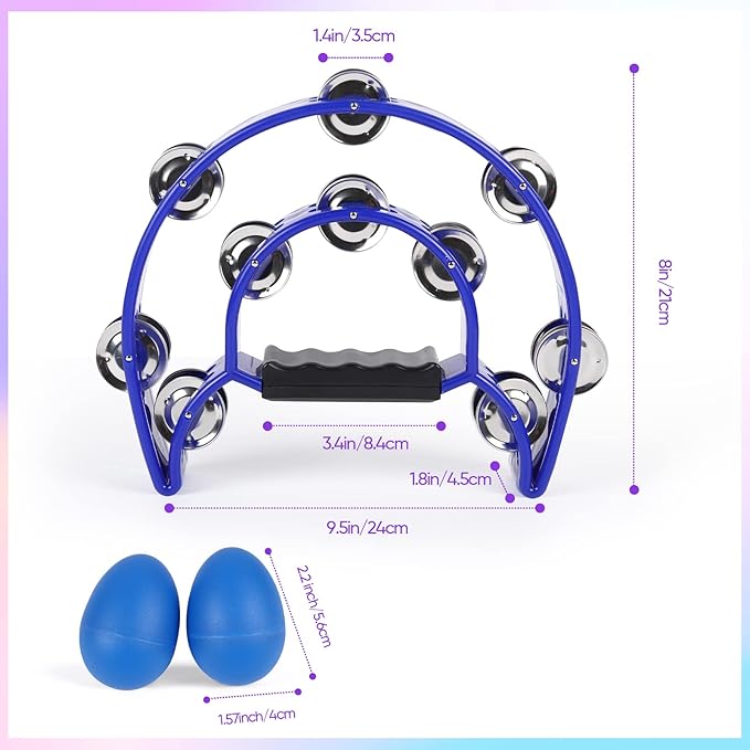 Tambourine Musical Instrument with Egg Shakers - Double Row Metal Jingles Tambourines Half Moon Handheld Percussion Gift for Adults Church Musical Education KTV Party Dance (Blue)
