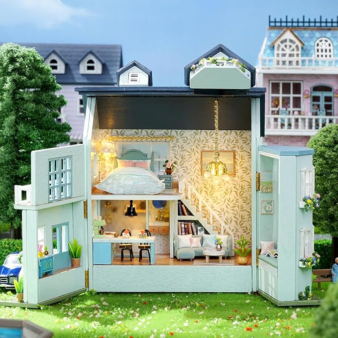 DIY Miniature House Kit, CUTEROOM Wooden Dollhouse Kit Mini House Making Kit with Furnitures, DIY Dollhouse Kit Birthday Gift for Women and Girls (Warm Manor)