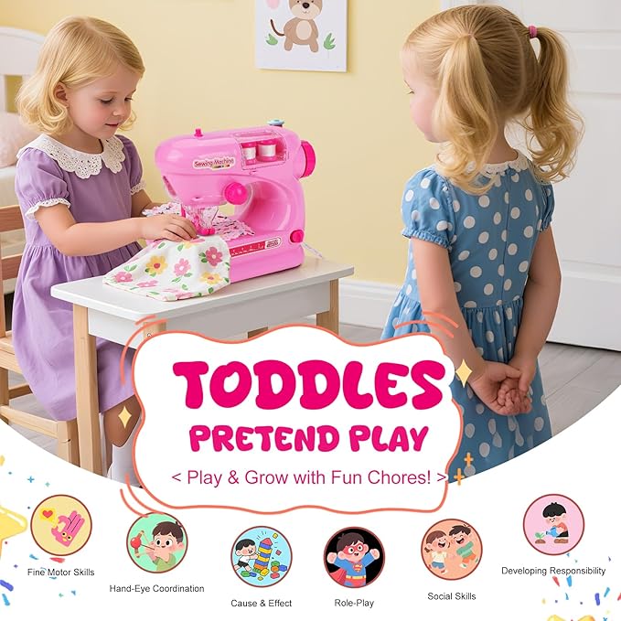 Coherny Sewing Kit for Kids Pretend Play Toys with Toy Washing Machine & Vacuum Kids Washer and Dryer Playset with Mini Sewing Machine for Dollhouse Furniture Toddles Boys Girls Cleaning Gifts