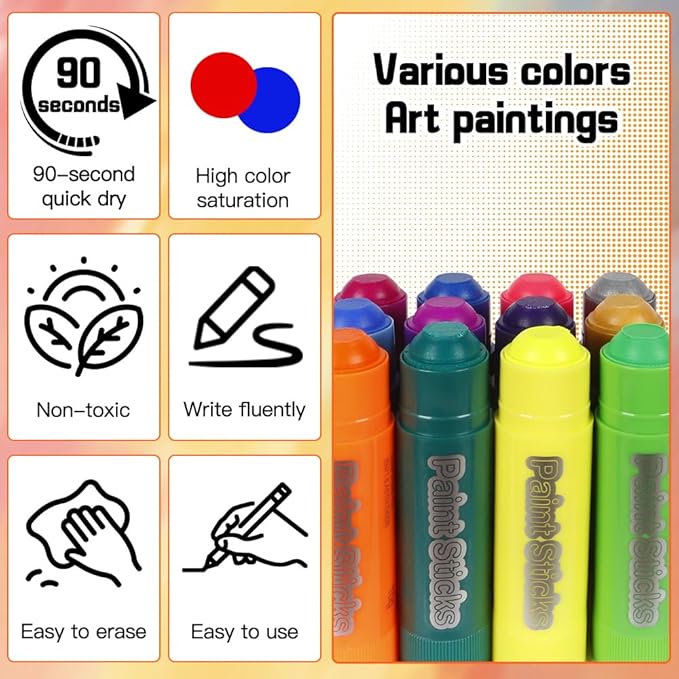 12 Metallic Colors Washable Tempera Paint Sticks, Quick Drying and Non-Toxic Paint Sticks for Kids and Toddlers