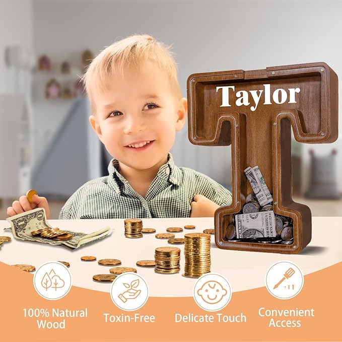 Wooden Letter Piggy Bank for Kids Larger Letter Piggy Bank for Boys and Girls Personalized Piggy Bank Initial Coin Bank Wood Kids Money Bank for Birthday and Festival