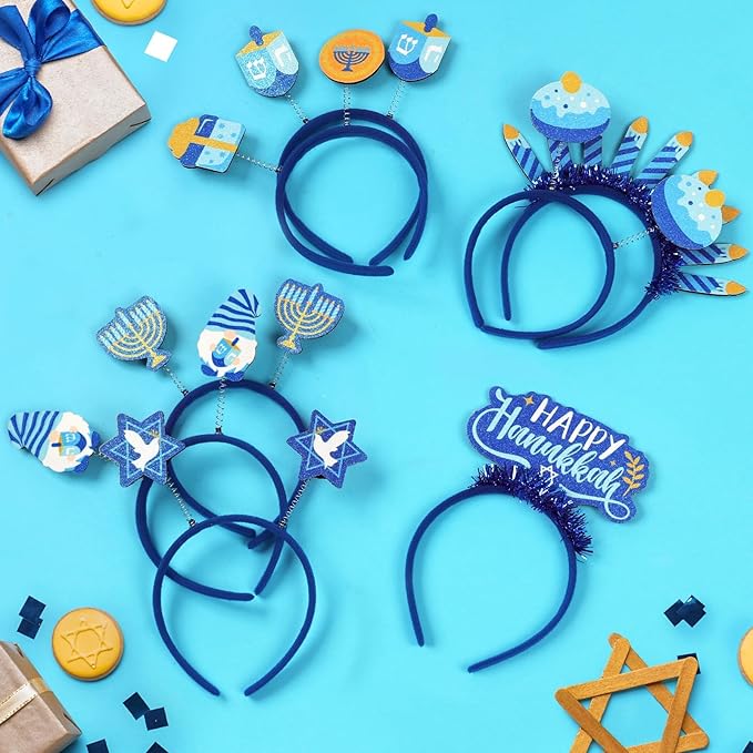 CiyvoLyeen Hanukkah Headbands 8 Pcs Gnome Menorah Dreidel Decorations Festive Head Hat Toppers Photo Booth Chanukah Party Favors Supplies Gifts Blue