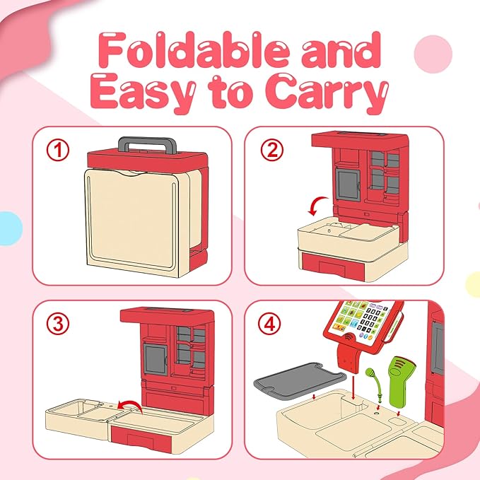 RedCrab Cash Register Toy for Kids,Toddler Store Pretend Plays Supermarket Calculator Cash Register Gift with Scanner, Play Money, Play Food for Boys & Girls