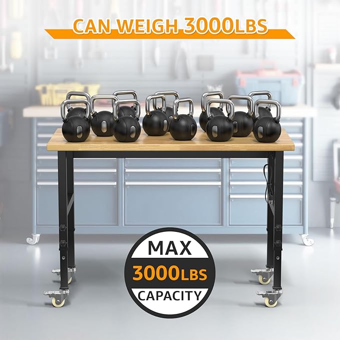 48" Adjustable Workbench,Heavy-Duty Work Table,3000 LBS Load Capacity Hardwood Workstation Outlets with Power Strips and Wheels,for Workshop, Garage