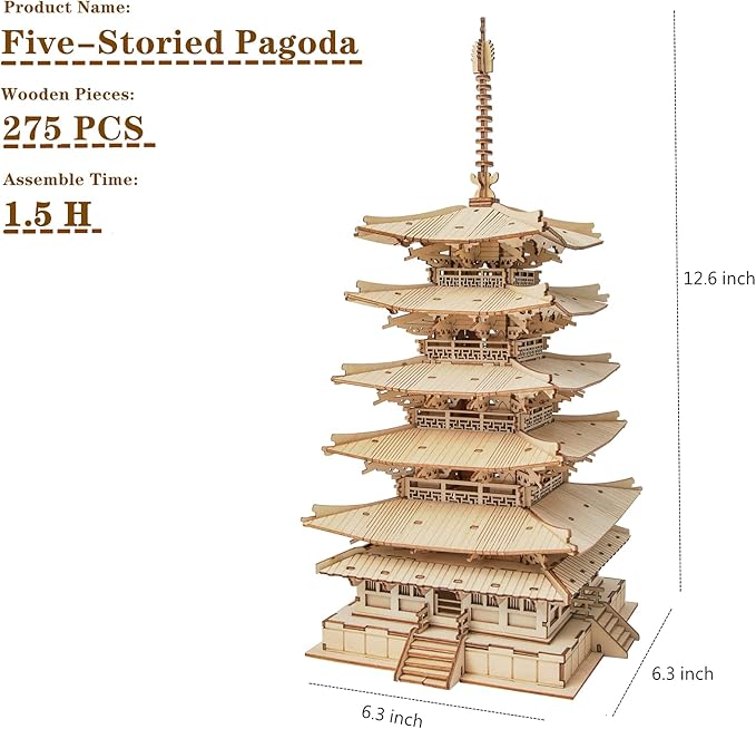 ROBOTIME 3D Puzzle Wooden Craft Kits for Adults DIY Model Building Kit Best Gift for Kids (Five-Storied Pagoda)