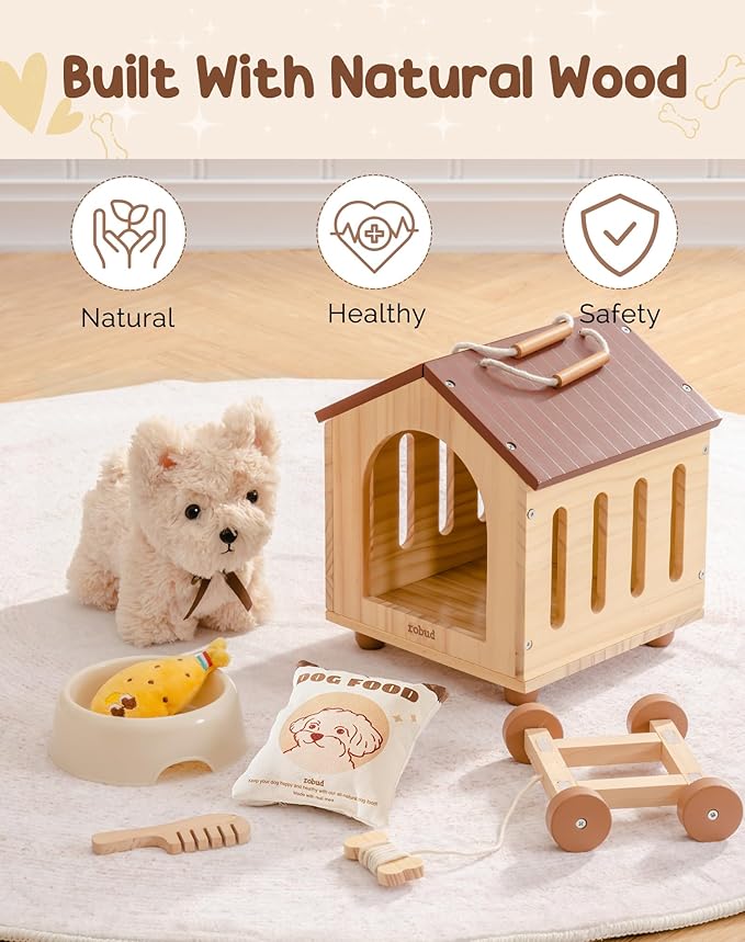 ROBUD Baby Push Walker, Dog Pull Toy for Toddlers 2+ Years, Baby Pull Toy with Wheels for Role Play & First Steps, Developmental Walking Aid Gift for Boys Girls (Birthday/Indoor Play)
