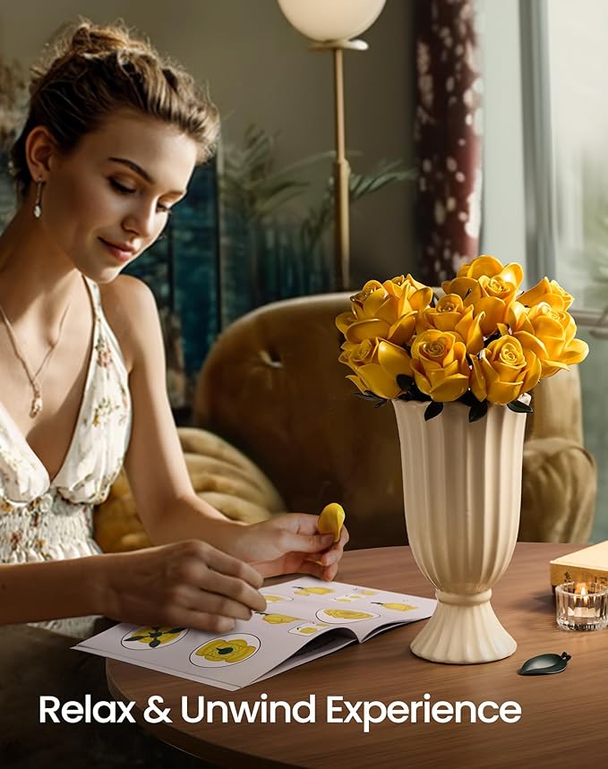 iATOM Yellow Rose Bouquet Building Set, Artificial Flowers Botanical Collection Kit for Adults, Warmming Home Office Table Centerpiece Decor - IA11019