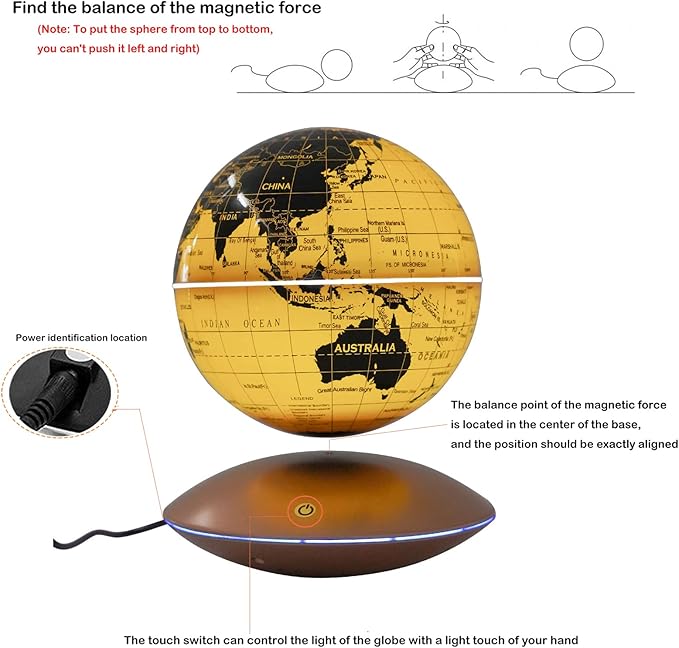6" Magnetic Levitating Globe, 360°Rotating Geographic Globes Levitating Globes with LED Light Floating Magnetic Levitation Floating Globe for Desk Home Office Classroom Study Room(Gold/Single Color Light)
