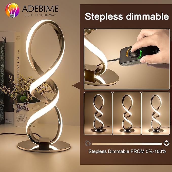 LED Spiral Bedside Table Lamp, Stepless Dimmable 12W 3000K Warm White, Modern Nightstand Desk Lamp for Bedroom, Living Room, Sliver