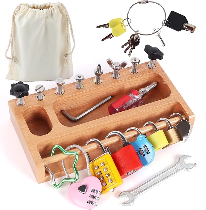 Montessori Busy Board Kids Tool Set, Montessori Screwdriver Board Lock and Key Toy, Sensory Toys for Kids with Autism, Sensory Bin Fine Motor STEM Quiet Fidget Toys for Toddlers 3 4 5