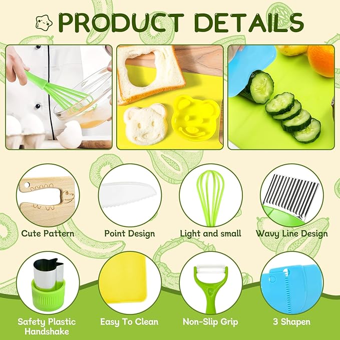 Chanking 17 Pieces Kids Safe Knife Set for Real Cooking Child-Friendly Plastic Chef Tools Montessori Kitchen Toys for Toddlers with Bright Colors Gifts for Boys and Girls