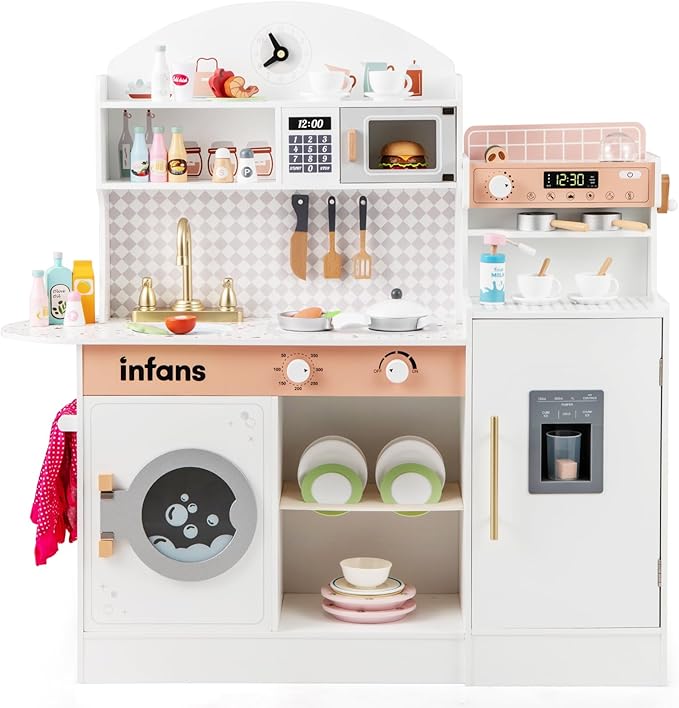 INFANS Kids Kitchen Playset, Toddler Wooden Kitchen Pretend Cooking Toy Set with Coffee Maker Ice Machine Dishwasher Microwave Storage Cabinet, Simulation Play Kitchen for Boys Girls 3+ (White)