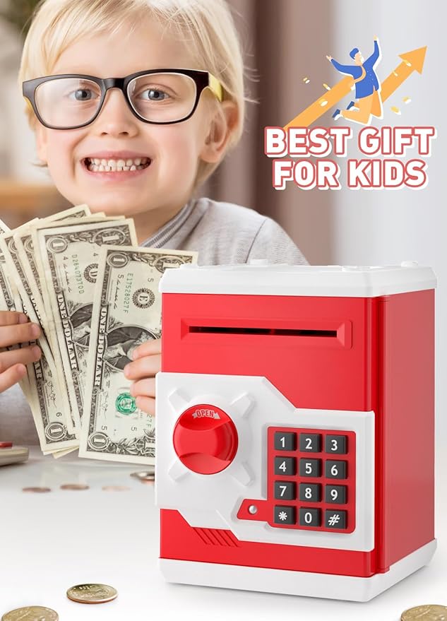 Piggy Bank for Girls Boys Large Electronic Money Coin Banks with Password Protection, Automatic Paper Money Scroll Saving Box, Great Gift for Kids (Red-White)
