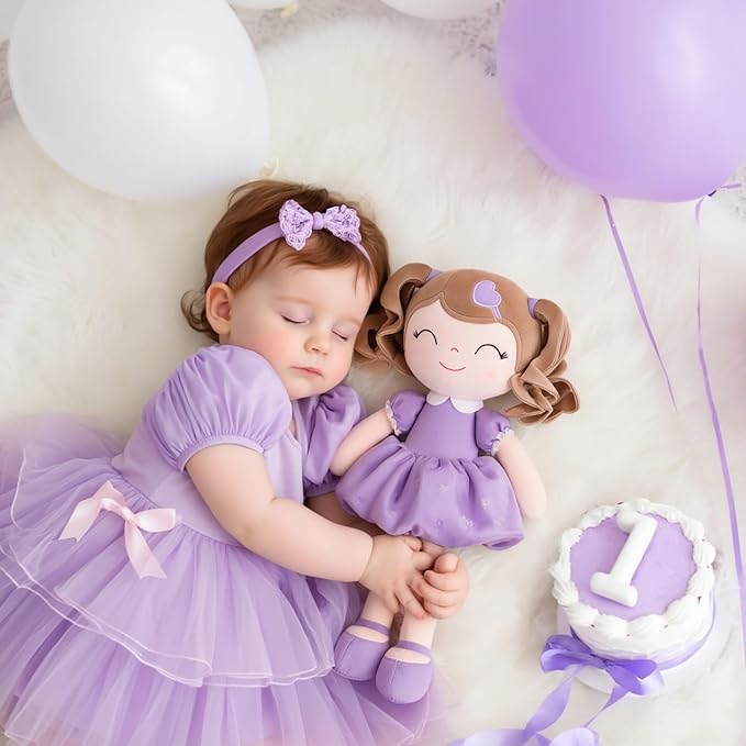 Gloveleya Baby Doll Gifts Plush Curly Girl Toys with Love 16" Purple Light Skin