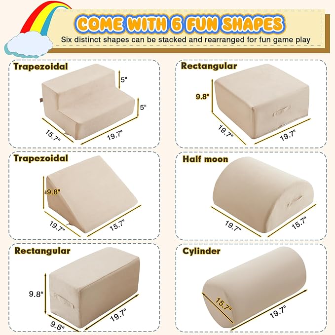 jela Kids Foam Climbing Blocks 6Pcs Soft Play Equipment Luxury Miss Fabric Toddler Climbing Toys Indoor, Lightweight Climbing Blocks for Babies, Kids, Climb and Crawl Foam Playset (Sand Beige)