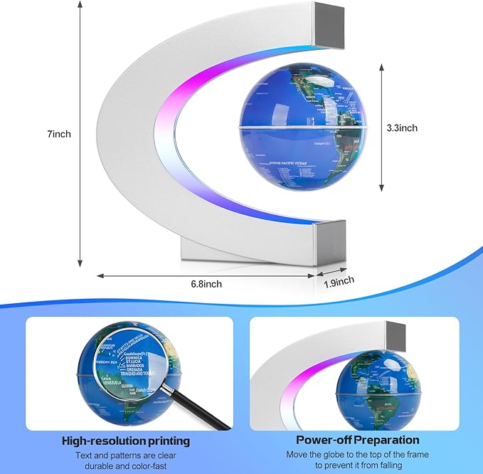 Magnetic Levitating Floating Globe Lamp with Multicolor LED Lights, Cool Gadgets C Frame Floating Globe for Office Home Desk Decor, Cool Tech Gift for Men Father Husbands Boys and Girls