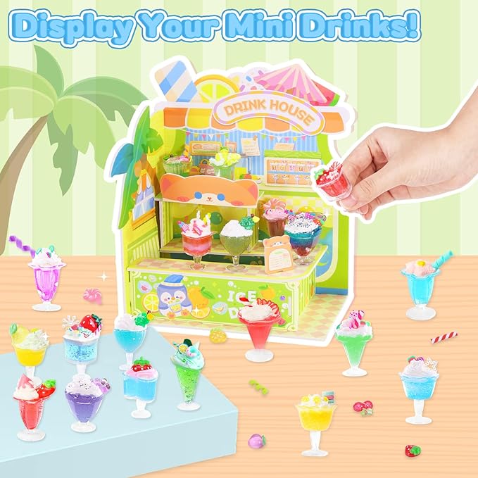 DIY Mini Drink Shop Toy, Making 24 Miniature Juice Drinks Cream Material Kit, NOT Edible, Collectible, Kitchen Pretend Play Food Toys Set, Make Your Foods, Gift for Kids Age 8+