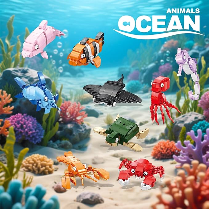 9 Packs Ocean Animals Building Sets,Party Favors for Kids Goodie Bags,Sea Animals Mini Building Blocks for Birthday Party Gift,Goodie Bags, Prize,Cake Topper