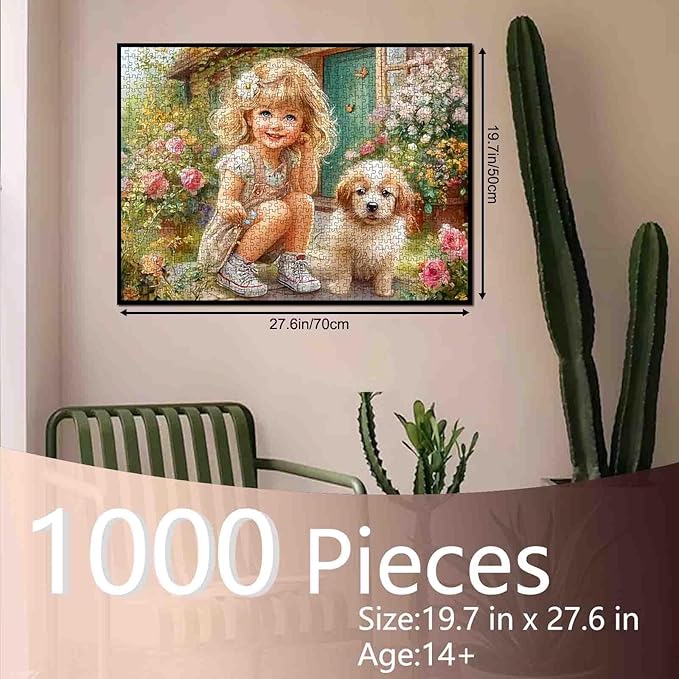 Tucocoo Charming Girl and Puppy 1000 Piece Jigsaw Puzzle for Adults, Flower Garden Cottagecore Art Puzzle, Colorful Floral Dog Scene, Relaxing and Fun Gift for Puzzle Enthusiasts, Home Wall Decor