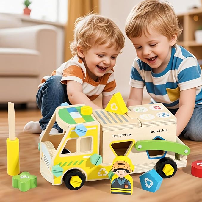 Wooden Recycling Truck Toy Take-Apart Garbage Sorting Truck