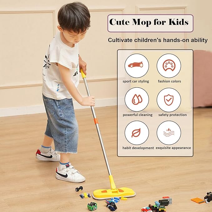 Mini Mop Small Mop for Kids Housekeeping Pretend Play Cleaning Toy Gift for Boys Girls (Yellow)