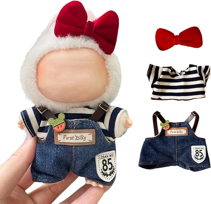 Cute Hat & Unique Design Overalls Dress-up Set, Keychain Accessories for Dolls,Stylish Adorable Dolls Clothes Accessories (NO Doll) (Black and White Stripes)