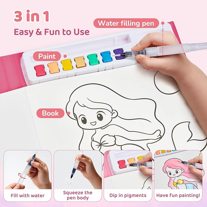 JoyCat Paint with Water Coloring Books for Toddlers, Watercolor Painting Sets for Kids Ages 3-5 4-8, Arts and Crafts Drawing Activities Toy Birthday Gift for Boys Girls (Magical Pony)