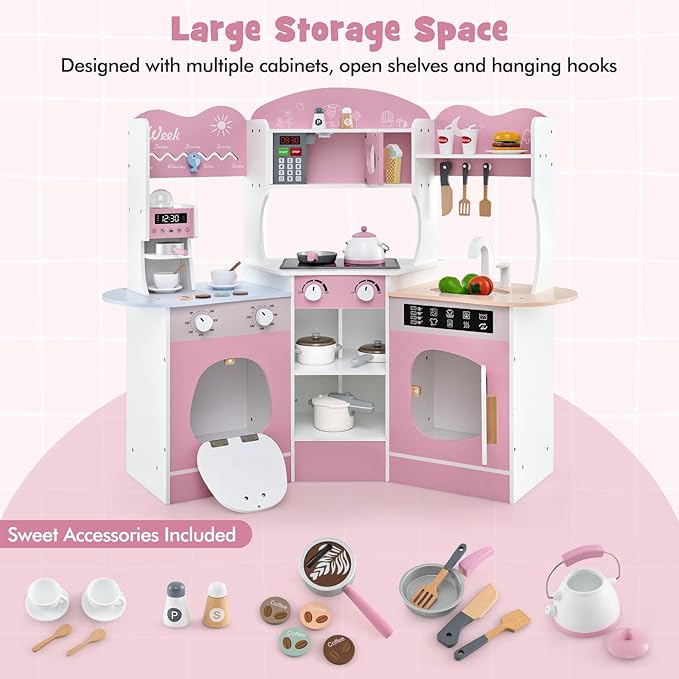 Costzon Corner Play Kitchen, Wooden Kids Kitchen Playset with Lights & Sound, Coffee Maker, Washing Machine, Oven, Microwave, Toddler Toy Kitchen for Pretend Play, Gift for Boys Girls 3+ (Pink)