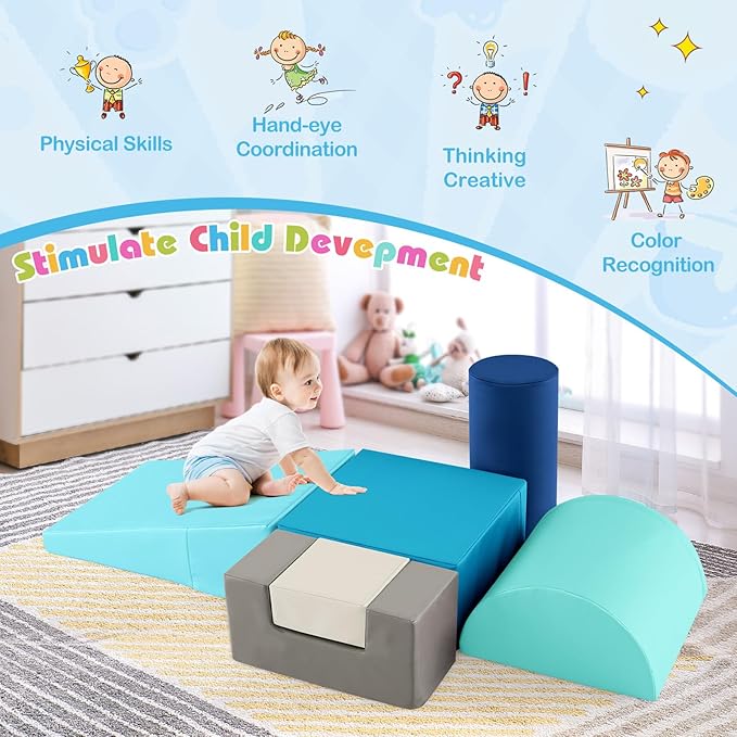 HONEY JOY 6-Piece Climb and Crawl Playset, Soft Climbing Foam Block Activity Play Structure Gym Equipment for Infant Baby, Color Coordination, Waterproof Indoor Climbing Toys for Toddlers (Blue)