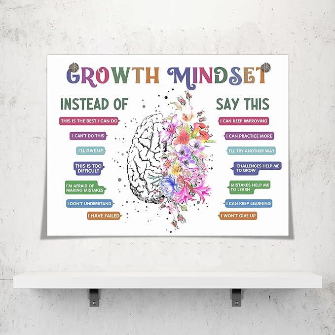 Classroom Growth Mindset Affirmations for Kids Mental Health Posters Brain Poster Psychology Special Education Calm Corner Wall Art Office Therapy Canvas Wall Decor Prints 12x16in Unframed