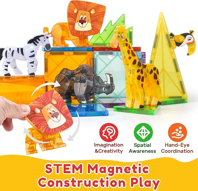 Oriate Magnet Safari Animals for Magnetic Tiles, 5pcs Zoo Animal Toys for Magnetic Blocks, Movable Joint Magnet Safari Animals Figures Compatible with Magnetic Building Tiles for Kids Magnetic Tiles