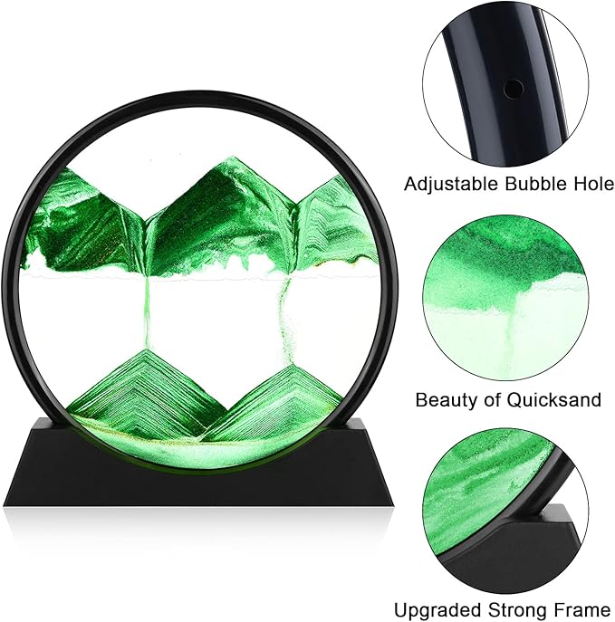 Moving Sand Art Picture - 3D Quicksand Painting Decor - Round Glass 3D Deep Sea Sandscape - Relaxing Home Decoration Desk Toys for Home Office Desk Mantle Bookshelf- (Green, 7 in)