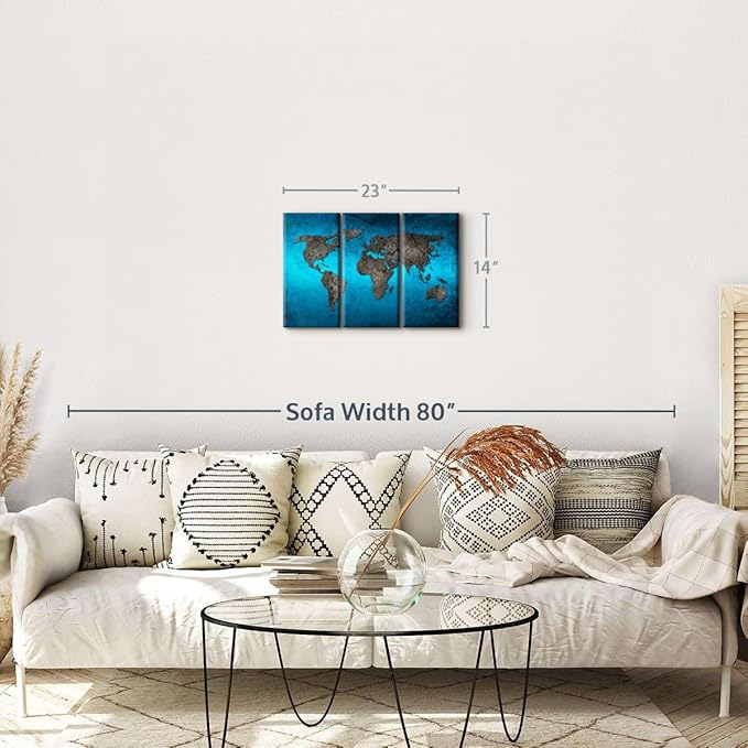 ElephantStock Ocean World Map Multi Piece Canvas - 3 Panel Wall Decor - Map of the World Art - Canvas for the Office and Home - 23" X 14"