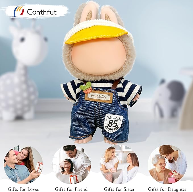 17cm Doll Clothes,15cm Dolls Outfit Set,Accessories for Dolls,Stylish Clothes Set Dress Up (No Doll) (Blue Overalls Suit+Hat)