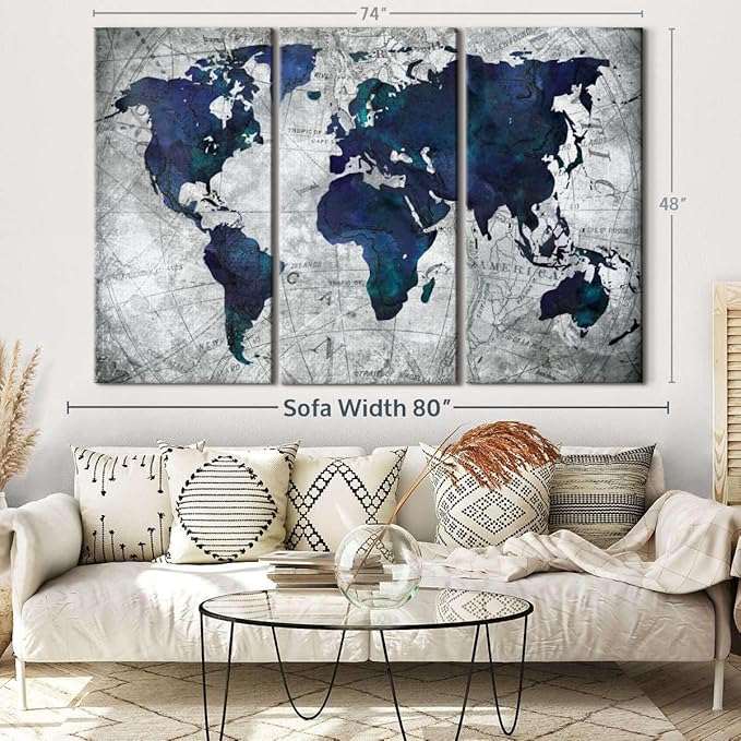 ElephantStock Deep Blue World Map Multi Piece Canvas - 3 Panel Wall Decor - Map of the World Art - Canvas for the Office and Home - 74" X 48"