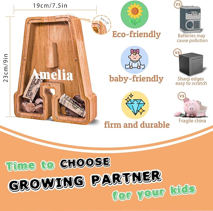 Wooden Letter Piggy Bank for Kids Larger Letter Piggy Bank for Boys and Girls Personalized Piggy Bank Initial Coin Bank Wood Kids Money Bank for Birthday and Festival