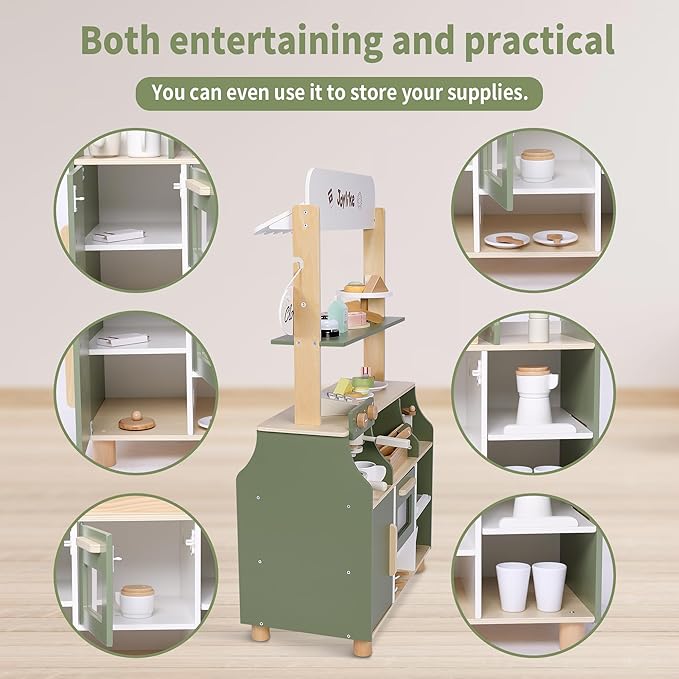 Wooden Coffee Shop Play Set, Pretend Grocery Store, Realistic Bakery Shop Sessert Stand with Toy Foods 37 PCS, Gift for Kids 3 4 5 6 Yead Old