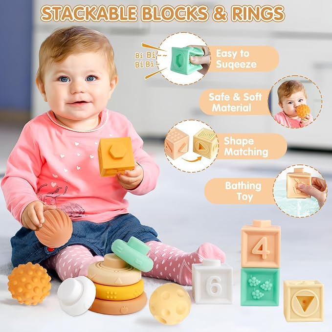 Montessori Toys for 6 Month Old 1+ Year Old 6 in 1 Musical Instruments for Toddler Stacking Blocks Development Learning Educational Toy with Wooden Xylophone for 6 7 8 9 Months Baby Birthday Gift