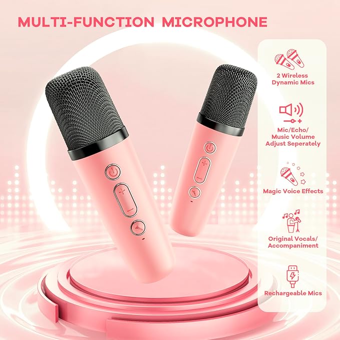 Mini Karaoke Machine for Kids Adults, Portable Bluetooth Speaker with 2 Wireless Microphones, TOP Birthday Gifts Toys for Girls Ages 3, 4, 5, 6, 7, 8, 9,10,11,12+ Years Old Toddler (Lightpink)